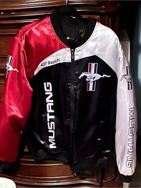 Mens XL Mustang Logo Colorblock Bomber Jacket - Black/Red/White